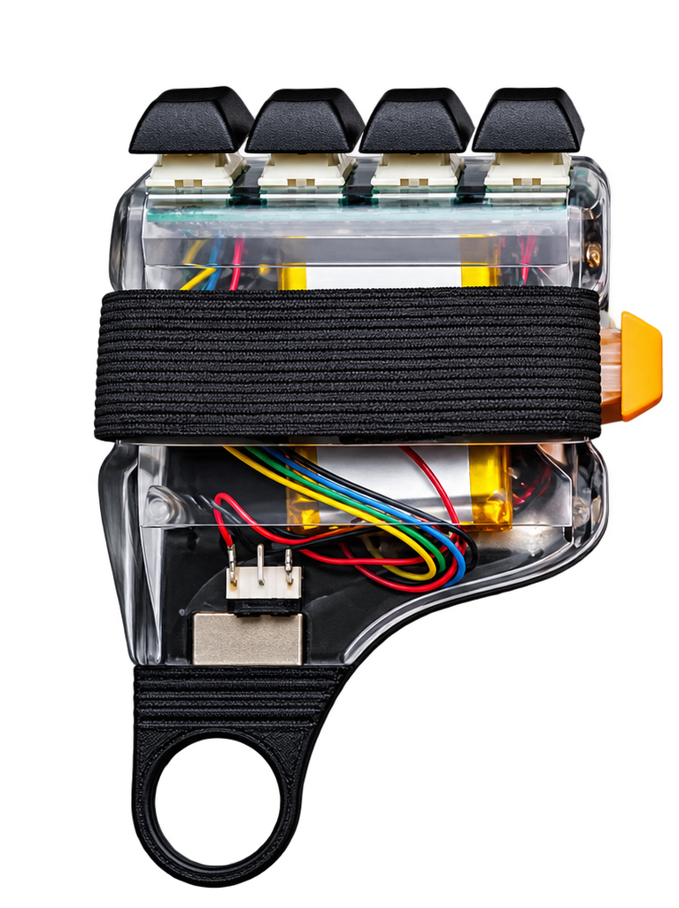 Left half opened, showing the battery, wiring, and keys.