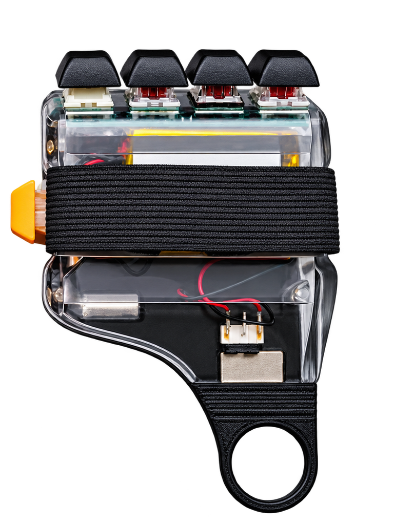 Right half opened, showing the battery, wiring, and keys.